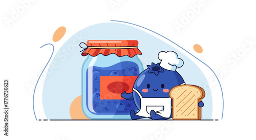Charming Blueberry Chef Cooking with Toast and Delicious Homemade Blueberry Jam