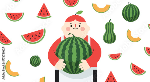 Cartoon Person Holding Watermelon Surrounded By Watermelon Slices and Other Fruits Illustration