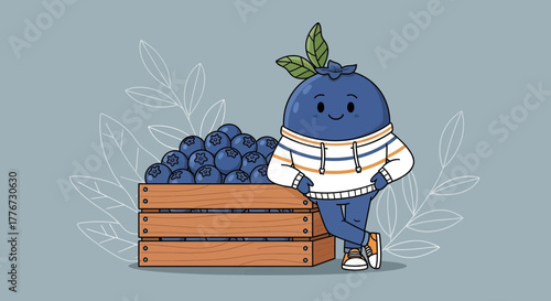 Charming Blueberry Character with Box of Berries in Playful And Whimsical Illustration