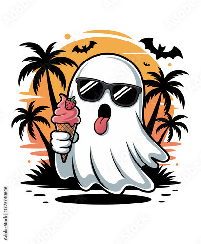 A cartoon illustration of a cool, casual ghost
wearing black sunglasses and holding a strawberry ice cream cone. The ghost has a surprised expression with its mouth open and tongue sticking out