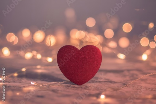 A red heart on a surface with soft bokeh lights creating a romantic and warm valentine's day scene