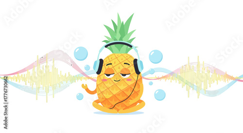 Cartoon Pineapple Listening To Music With Headphones And Enjoying The Melodic Soundscape