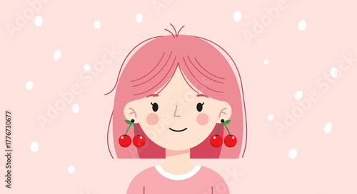Charming Girl With Cherry Earrings And Gentle Smile Against A Soft Pink Backdrop