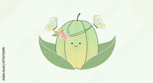 Charming Green Illustration Depicting a Sweet Nature-Themed Cartoon Composition