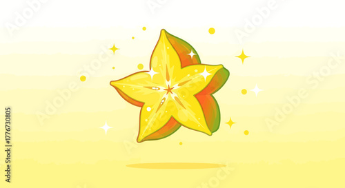 Cartoon Starfruit Illustration With Sparkling Effects On A Gradient Yellow Background
