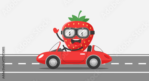 Cartoon Strawberry Driving A Sport Car On The Road Smiling And Waving Its Hand