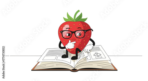Cartoon Strawberry with Glasses Pondering Over a Book, Intellectual Concept