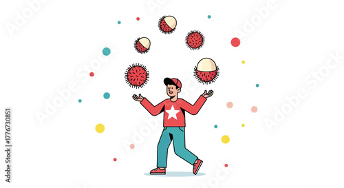 Cartoon Young Man Juggling Food Items, Joyful Concept in Modern Flat Minimalistic Style