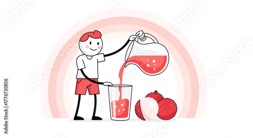 Cartoon Young Man Serving Refreshing Lychee Drink, Summertime Beverage Illustration
