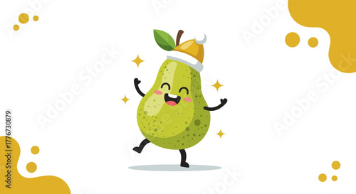 Charming Pear Character, Festive and Jubilant, Ready For a Lively Celebration, Smiling.