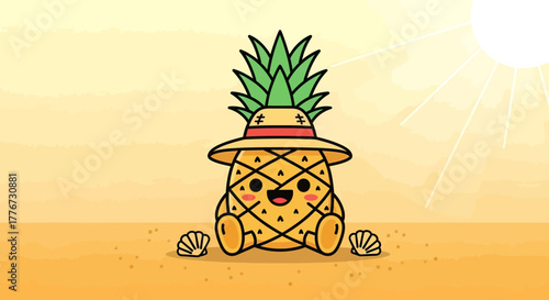 Charming Pineapple Illustration Relaxing on Sandy Beach Under Sunny Summer Sunlight