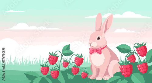 Charming Pink Rabbit Beside Luscious Raspberries In A Delightful Garden Setting