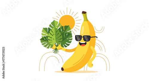 Cheerful Banana Character Holding Tropical Leaves in Sunny Sunglasses Embrace Freshness