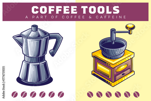 Moka Pot and Grinder of Coffee Tools for Barista Coffee Shop Vector Illustration Design