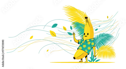 Cheerful Banana Character in Hawaiian Shirt Giving a Thumbs up in Tropical Breeze