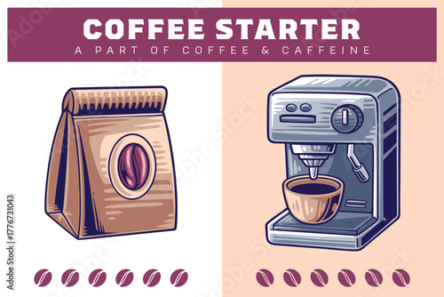 Coffee Beans Bag and Espresso Machine for Barista Coffee Shop Vector Illustration Design