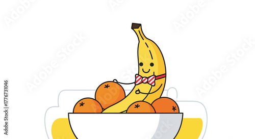 Cheerful Banana Character Smiling and Posing with Oranges in a Bowl Fresh Fruits