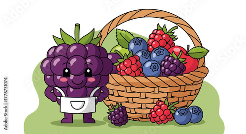 Charming Animated Berry Basket: A Delightful Cartoon Illustration, Fresh Fruit, Joyful and Fun