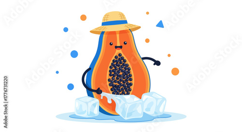Charming Animated Papaya With Ice Cubes Wearing Straw Hat Enjoying Sunny Day