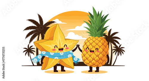 Cheerful Carambola And Pineapple Embrace Under a Tropical Sunset Scene