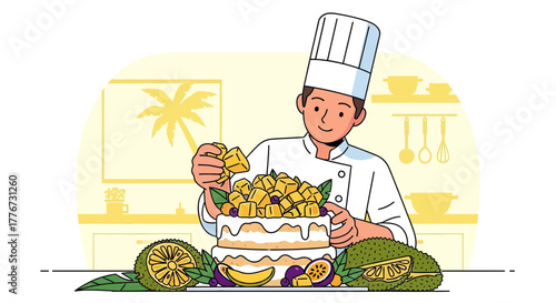 Cheerful Chef Decorating Cake With Tropical Fruits In a Bright Kitchen Setting