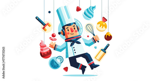 Cheerful Chef Preparing Culinary Delights with Whimsical Floating Dessert Elements