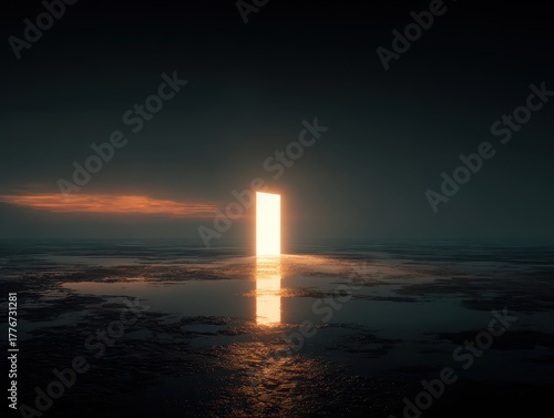 A portal of light emerges from the sea, beckoning towards the unknown. The dark water reflects a mystical glow. Ethereal, inviting gateway.