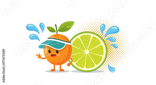 Cheerful Citrus Duo: Juice Splash with Playful Orange and Refreshing Lime Fruits