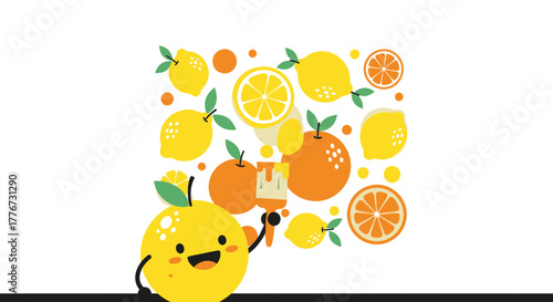 Cheerful Citrus Fruits Collage With Cartoon Lemon Character and Creative Design