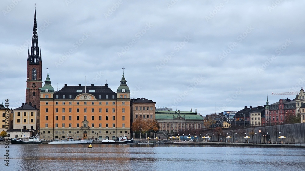 Naklejka premium Sweden. In Stockholm, in the city center, on an island, are located The Riksdag and Riddarholmen Church. 