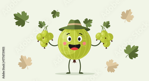 Cheerful Fruit Illustration of a Funny Gooseberry Character Holding Green Gooseberries