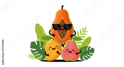 Cheerful Fruit Trio With Sunglasses And Lush Greenery In Exuberant Illustrations