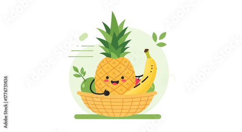 Cheerful Fruits Smiling Happily in a Wicker Basket With a Green Background