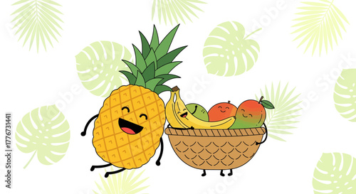 Cheerful Fruits Smiling Together with Decorative Foliage on a White Background