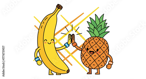 Cheerful Fruits High Fiving Together Celebrating Friendship and Success in Illustrative Cartoon