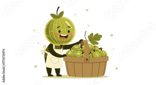 Cheerful Gooseberry Character With Basket Full of Harvested Fresh Green Fruit