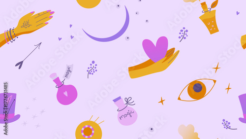 Seamless pattern on a light background with hand-painted cute bright pictures on the theme of magic, love, fascination. It can be used for both children and adults.