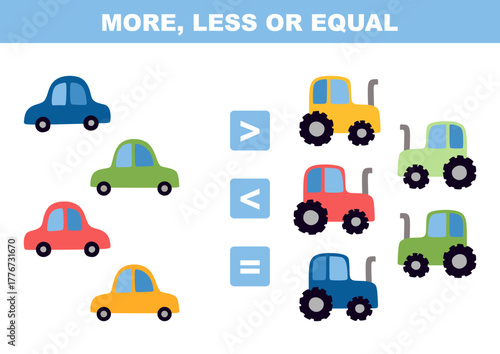 Choose more, less or equal. Task with cars and tractors. Childish educational game 