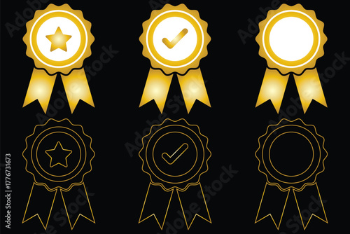 Badge with ribbon icon collection. Ribbon, Badges with star, Tick mark symbol. Vector Illustration. verified, checkmark award badges collection. Certified Badge Icons for Professional, Associate, Spec