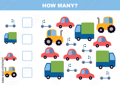 How many? Count how many trucks, tractors, cars and scooters are depicted. Childish educational game 