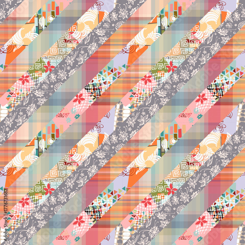 Diagonal seamless patchwork pattern with floral, abstract and geometrical ornaments. 