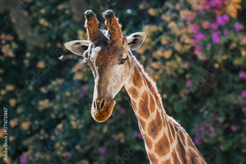 Angolan Giraffe With Floral Bokeh At Lisbon Zoo - 241C6183