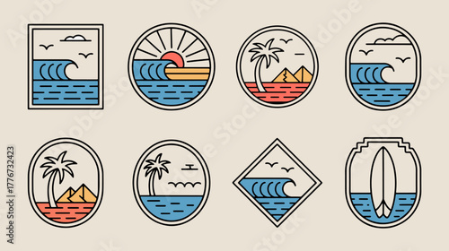 set of ocean or sea simple vector illustration template icon graphic design. bundle collection of various adventure and outdoors landscape view for travel business with badge
