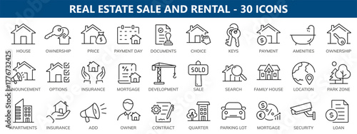 Real estate sale, mortgage and rental - vector editable line icons collection.