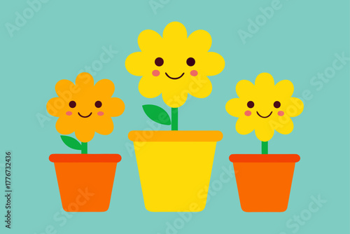 Three potted smiling flowers