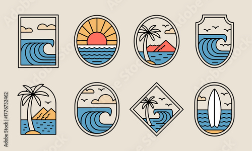 set of ocean or sea simple vector illustration template icon graphic design. bundle collection of various adventure and outdoors landscape view for travel business with badge