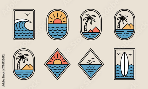 set of ocean or sea simple vector illustration template icon graphic design. bundle collection of various adventure and outdoors landscape view for travel business with badge