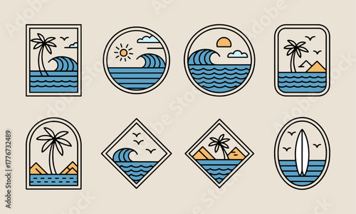 set of ocean or sea simple vector illustration template icon graphic design. bundle collection of various adventure and outdoors landscape view for travel business with badge