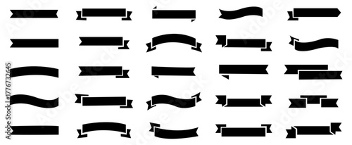 Variety of black banner shapes on a white background ideal for graphic design and branding needs suitable for promotional content and website headers or visual decorations