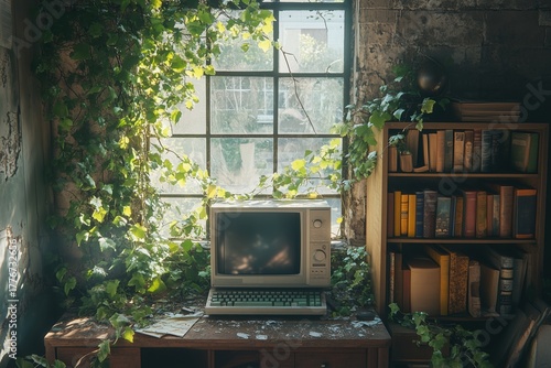 Post-apocalyptic concept of an old computer standing in the middle of a decayed room overgrown with plants and moss.